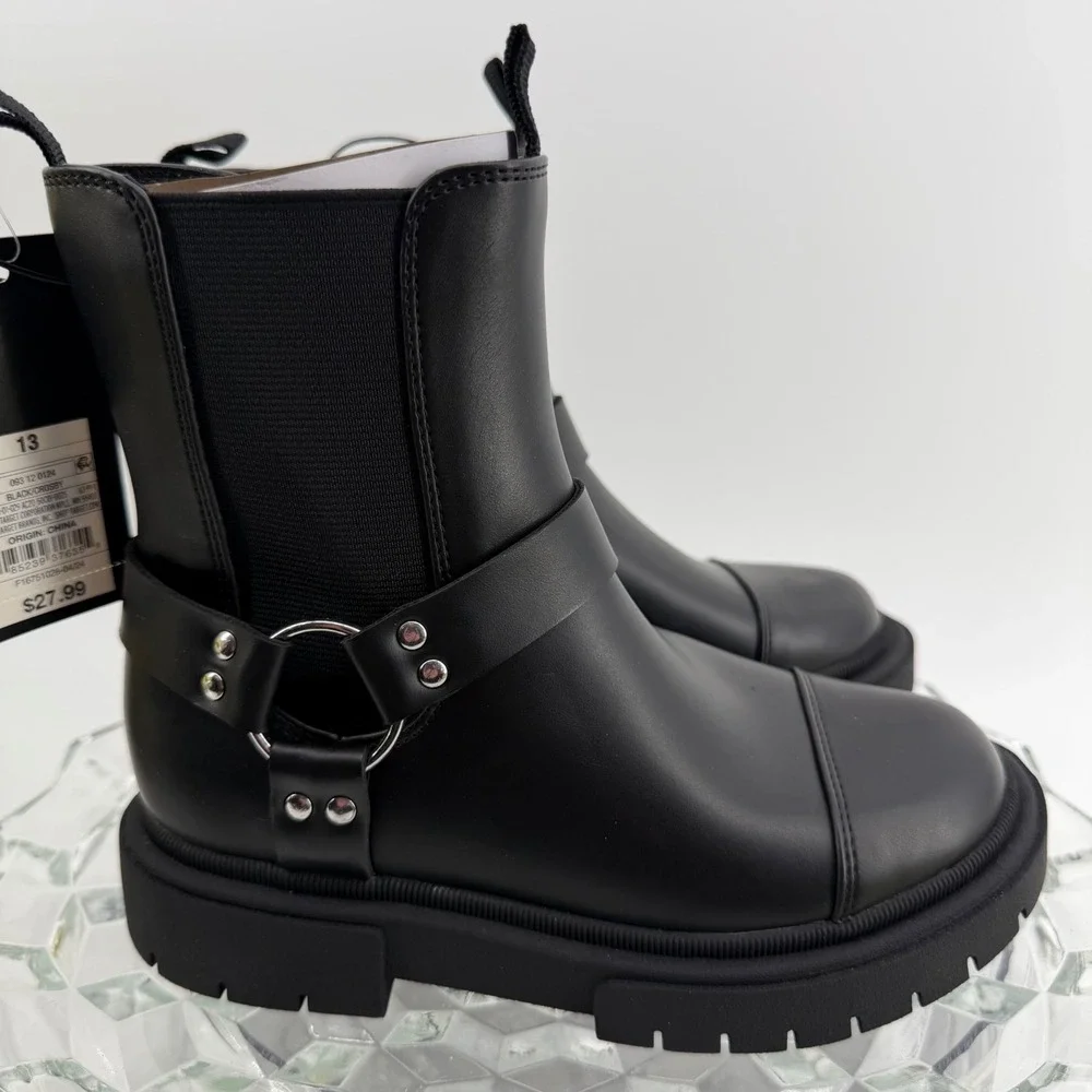 Art Class Crosby Boots Kids Size 13 Black Harness Lug Sole Zip Up Moto Biker New